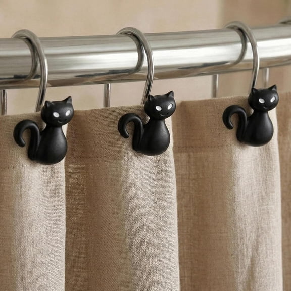 Halloween Black Cat Shower Curtain Hooks12 Pcs Cute Spooky Gothic Design with Rustproof Stainless Steel Rings - Haunted House Witchy Ghost Horror Theme Decorative Hooks for Bathroom Bedroom Dcor