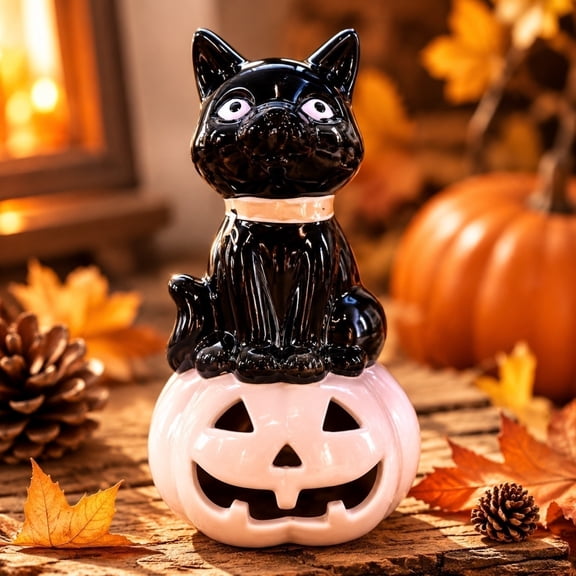 Halloween Black Cat Sitting on Pumpkin Light Decor whimsical or Spooky Hand Painted Pre-Lit LED Lantern Pumpkin Tabletop Decor Versatile for Halloween Parties Houses Affordable gift