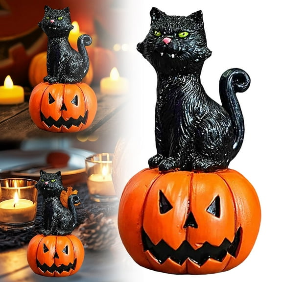 Halloween Black Cat Sitting on Pumpkin Lit Figurine, Sturdy Resin Hand Painted Crafted Collectible Halloween Figurines with Lights Home Decor Statue, 1.96x1.77x3.14"