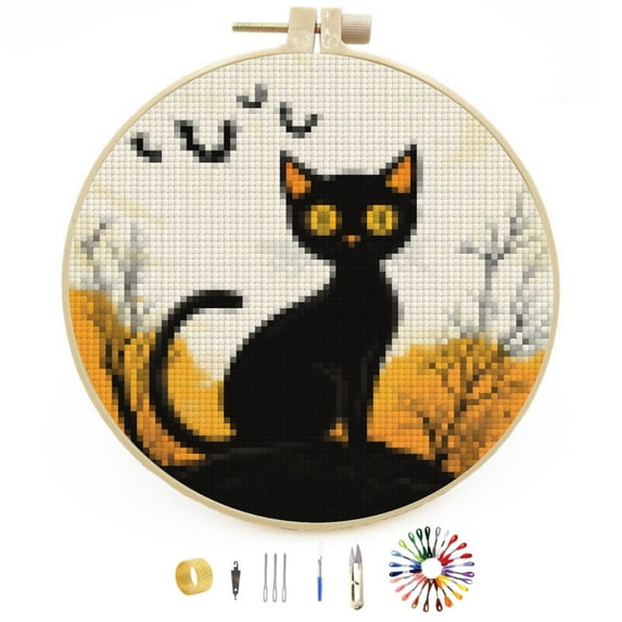 Halloween Black Cat Stamped Cross Stitch Kits for Beginners with Hoop Simple Patterns 11CT Counted Embroidery Needlepoint Crafts Arts for DIY Enthusiasts and Home Decor 26x26cm