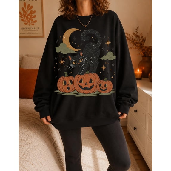 Halloween Black Cat Sweatshirt, 90s Vintage Spooky Season Sweatshirt