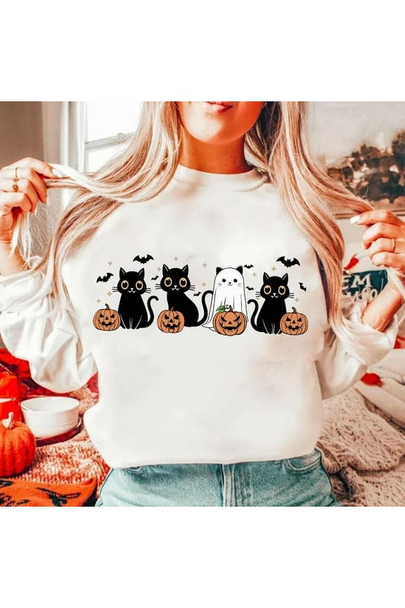 Halloween Black Cat Sweatshirt, Retro Ghost Cat Shirt, Spooky Season SWEAT Sweatshirt, Happy Halloween Top, Trendy Cute Cat Fall Graphic Shirt BO120681