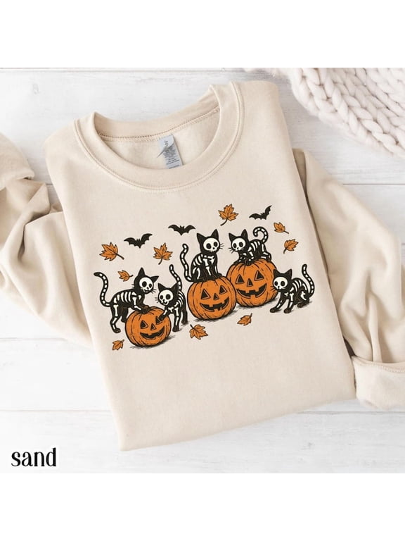 Halloween Black Cat Sweatshirt, Vintage Pumpkin Jack-o-lantern Sweater, Retro Spooky Fall Cozy Pullover