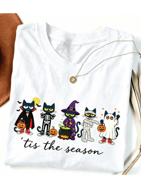 Halloween Black Cat Teacher Graphic T-Shirt, Tis the Season Funny School Tee, Cute Fall Classroom Short Sleeve Top, Gift for Teachers