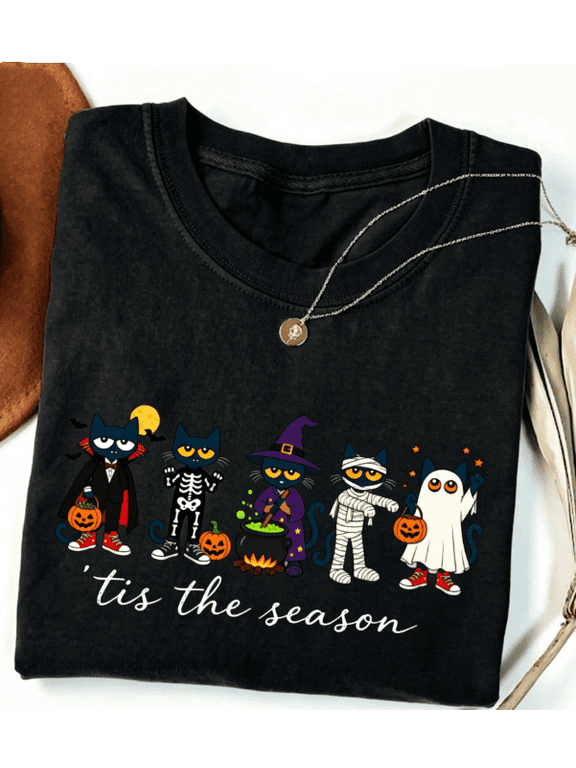 Halloween Black Cat Teacher Graphic T-Shirt, Tis the Season Funny School Tee, Cute Fall Classroom Short Sleeve Top, Gift for Teachers