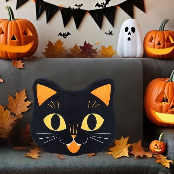 Halloween Black Cat Throw Pillow - 13.5" Spooky Decorative Pillow for Couch & Bed - Double-Sided Halloween Home Decor for Living Room & Porch