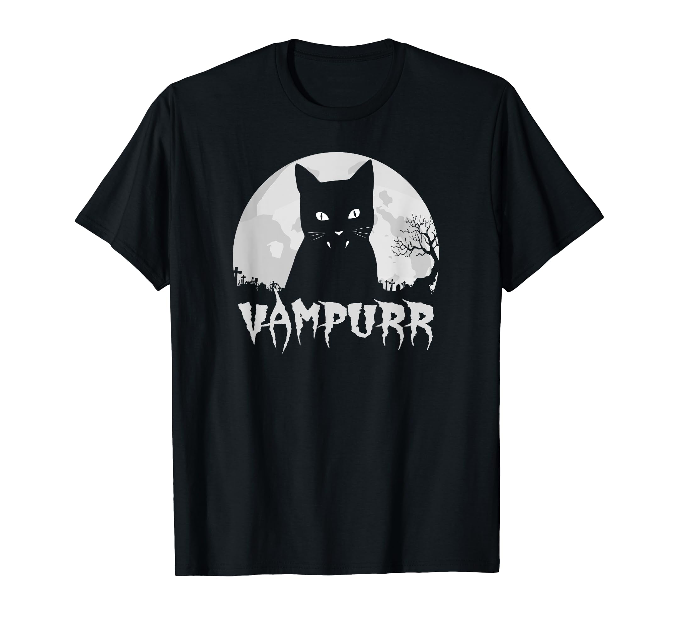 Halloween Black Cat Vampire With Full Moon Vampurr Pun Black TShirt