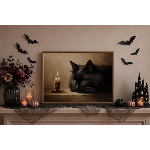 Halloween Black Cat Wall Art For Dark Gothic Cottage Decor Vintage Style Room