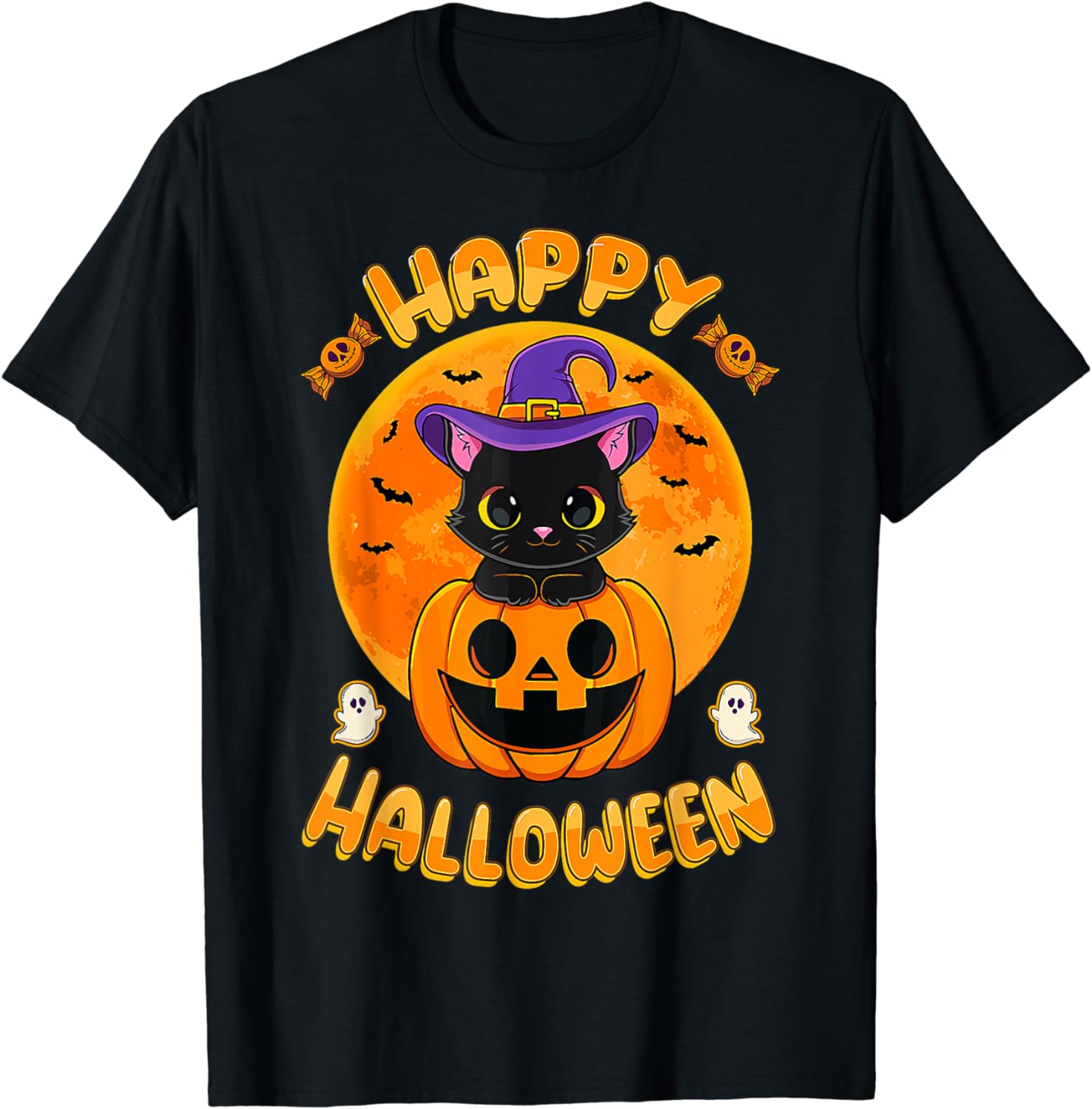 Halloween Black Cat Witch Hat Pumpkin For Kids Girls Boys TShirt