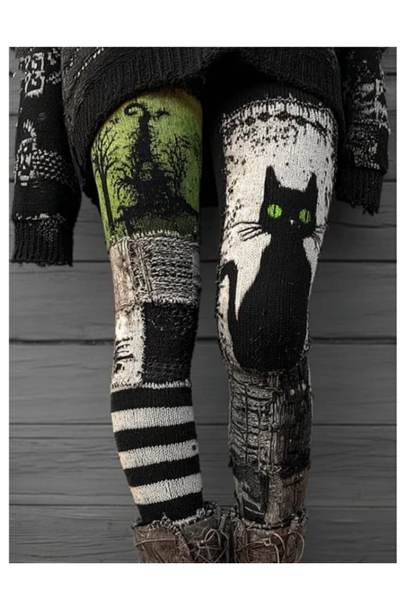 Halloween Black Cat and Spooky Tree Print Patchwork Leggings Women's Cozy Knit Elastic Skinny Pants