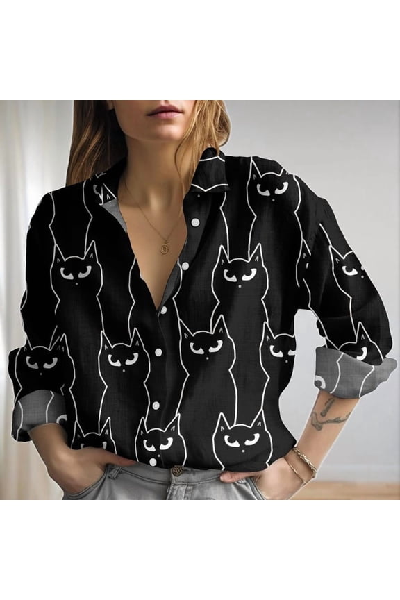 Halloween Black Cats Blouse Shirt, Funny Cat Women Blouses, Cute Animal Shirt, Black Cat Long Sleeve Shirt, Gift For Her, Button Up Shirt
