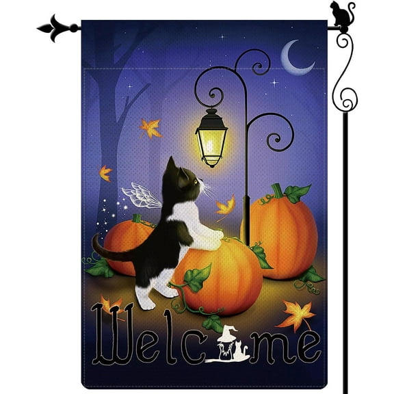 Halloween Black Cats Garden Flag Ghost Pumpkin Garden Flag Moon Light Vertical Double Sided Rustic Farmland Burlap Yard Lawn Outdoor Decor 12.5x18