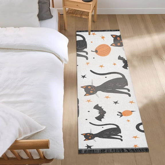Halloween Black Cats Pumpkins Bats Stars Bedside Runner Rug 2'x 6' Non Slip Carpet Floor Mat Area Rug