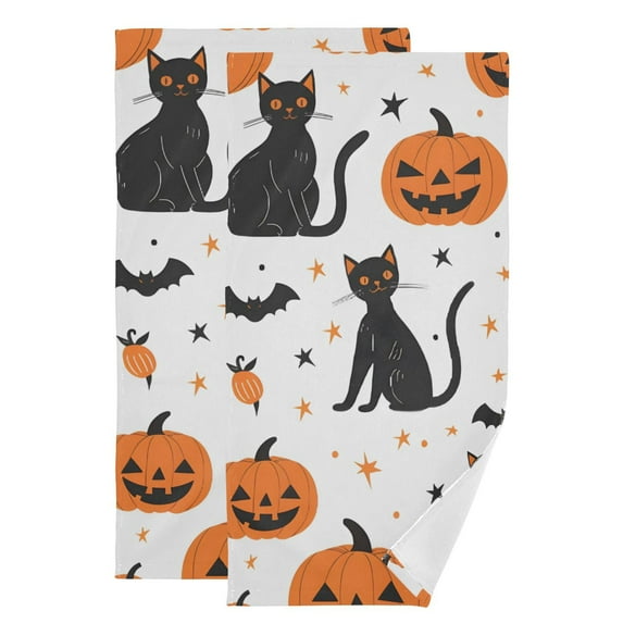 Halloween Black Cats Pumpkins Bats Stars Hand Towel Absorbent Bath Towels for Bathroom Sports Gym 28" x 14" Set of 2