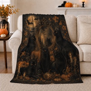 Halloween Black Cats Pumpkins Ornate Moonlit Scene Go-Style, Mystical Pet Portrait Pattern, Warm Flannel Blanket for Living Room and Bedroom, Cat Lovers Halloween Gift, Pet Lover Home Decor