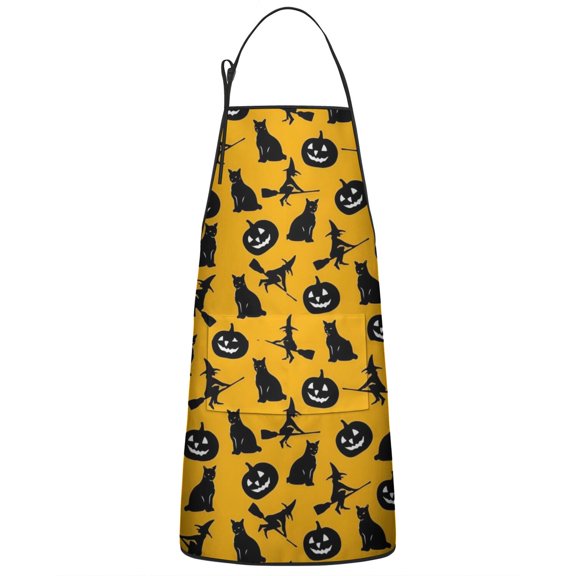 Halloween Black Cats Witches and Pumpkins Apron-Garden Aprons for Women with Pockets-Cotton Linen Waterproof Kitchen Cooking Gardening Aprons Adjustable for Kitchen,Cooking,BBQ and Salon 33"x27"