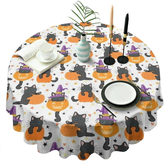 Halloween Black Cats with Pumpkins and Witch Hats Round Tablecloth 60"x60",Wrinkle Wipeable Table Cloth for Kitchen Dining Room Picnic Patio Party