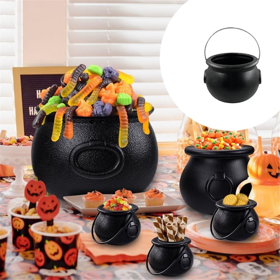 Halloween Black Cauldron Plastic Candy Bucket with Handle, Mini Witch Cauldron Pot Decoration for Party Tabletop Display, Spooky Holiday Decor and Seasonal Event Supplies