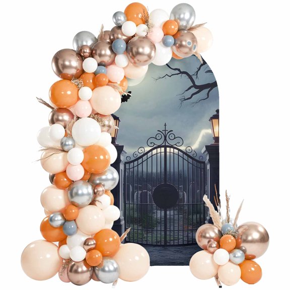 Halloween Black Cemetery Arch Backdrop Cover 4 FT, Retro Horror Manor Grave Bat Dead Tree Wedding Arch Cover Stretchy Backdrop Stands Covers for Birthday Party Ceremony Banquet Decor