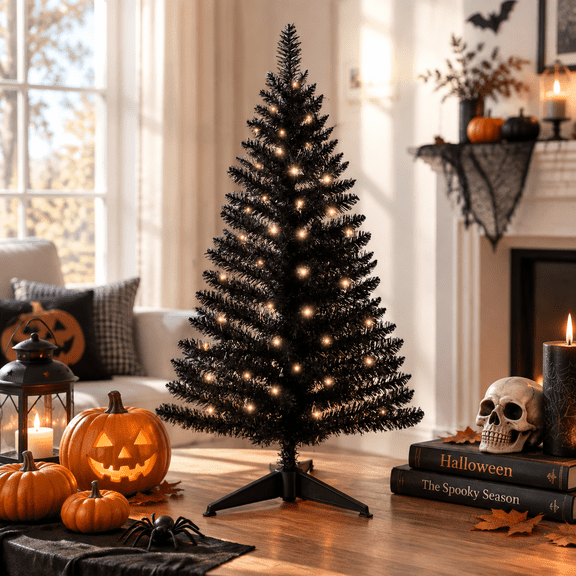 Leeheeyee 4FT Halloween Black Christmas Tree, Mini Artificial Xmas Trees with 50 Lights for Home Office