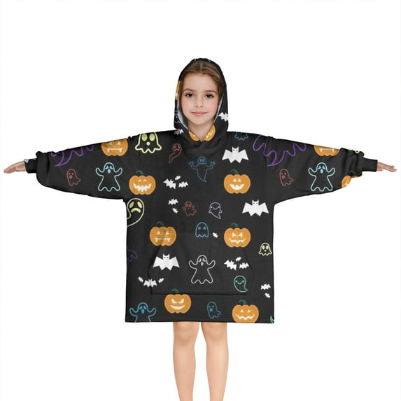 Halloween Black Colorful Ghosts and Pumpkins Blanket Hoodies for Kids 6-13YR Oversize Wearable Blanket Hoodies for Boys Girls Teens