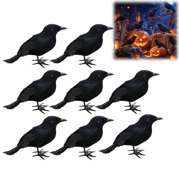Halloween Black Crows Feathered Crow, Crows Halloween Decor, Raven Decor, Birds for Indoor Outdoor Yard Tree Garden Patio