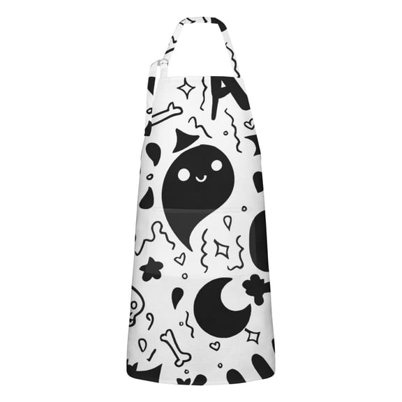 Halloween Black Doodle Elements Apron-Garden Aprons for Women with Pockets-Cotton Linen Waterproof Kitchen Cooking Gardening Aprons Adjustable for Kitchen,Cooking,BBQ and Salon 32"x27"