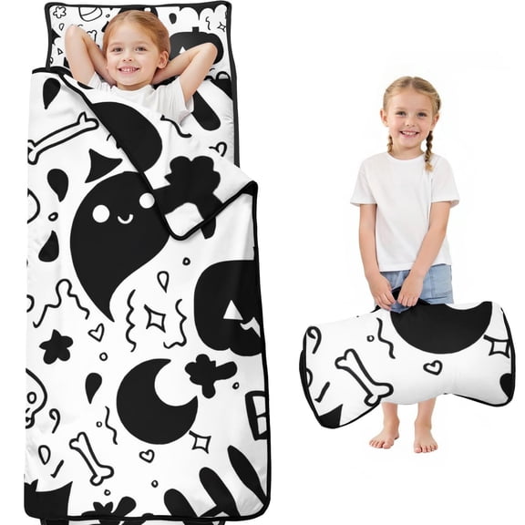 Halloween Black Doodle Elements Toddler Nap Mats for Kids Preschool,60"x20" Sleeping Mat Bag or Kids,Toddler Sleeping Bag,Toddler Nap Mat or Daycare