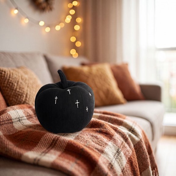 Halloween Black Embroidered Linen Stuffed Pumpkin, Fabric Filled Pumpkin Tabletop Ornament, Rustic Farmhouse Fall Decor for Mantel Shelf Tiered Tray Halloween Home Decoration, Black