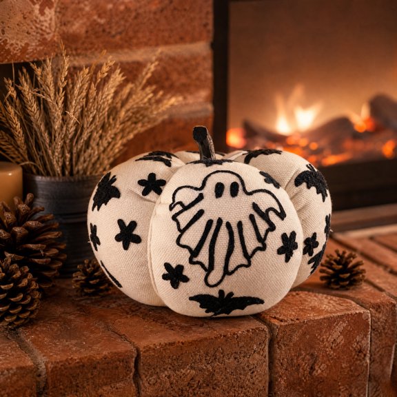 Halloween Black Embroidered Linen Stuffed Pumpkin Ornament, Ghost Bat Flower Pattern Fabric Pumpkin Figurine, Rustic Fall Tabletop Decor for Tray Mantel Home Halloween Party Decoration, Multicolor