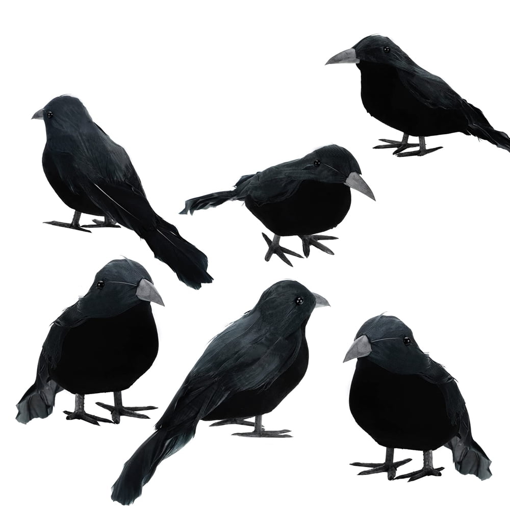 Halloween Black Feathered Crows, Realistic Looking Halloween Decoration Birds, 6 Pack