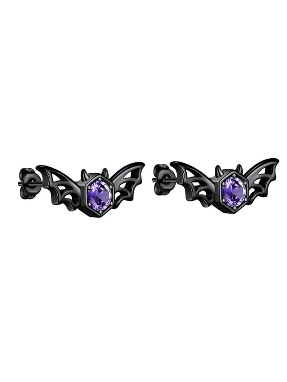 Halloween Black Flying Bat Stud Earrings Purple Zirconia Gothic Statement Cosplay Party Jewelry Gift for Women Men