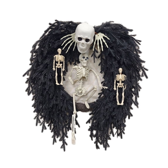 Halloween Black Foliage Skeleton Wreath, Spooky Front Door Wreath with Large Skull Head & Multiple Full Body Skeletons, Creepy Gothic Hanging Wreath Decor for Home Porch Wall Party