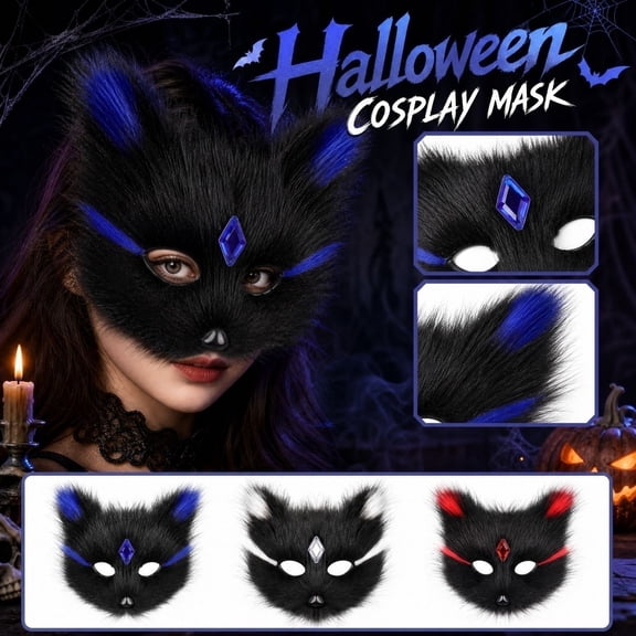 Halloween Black Furry Fox Mask with Faux, Half Mask for Dress Up 8X8 Inch, Halloween Party Favors for Adults with Black Halloween Decor