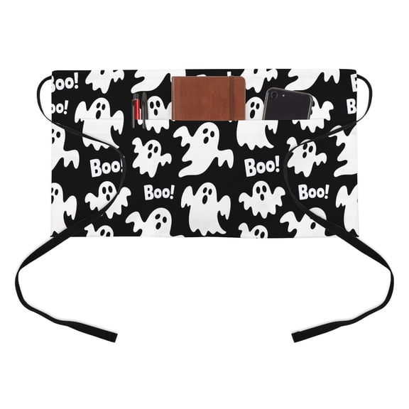 Halloween Black Ghost Kitchen Restaurant Half Waist Apron, Retro Black Horror Boo Ghosts Server Short Apron with 3 Pockets Waterproof Oil Waist Aprons for Women Waitress Waiter