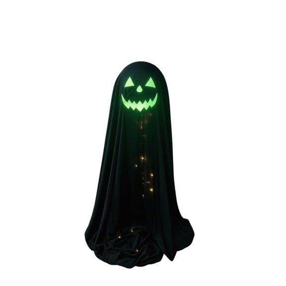 Halloween Black Ghost Light Decoration, LED Glowing Jack-o'-Lantern Face Ghost, Spooky Standing Fabric Ghost with Fairy Lights for Home Porch