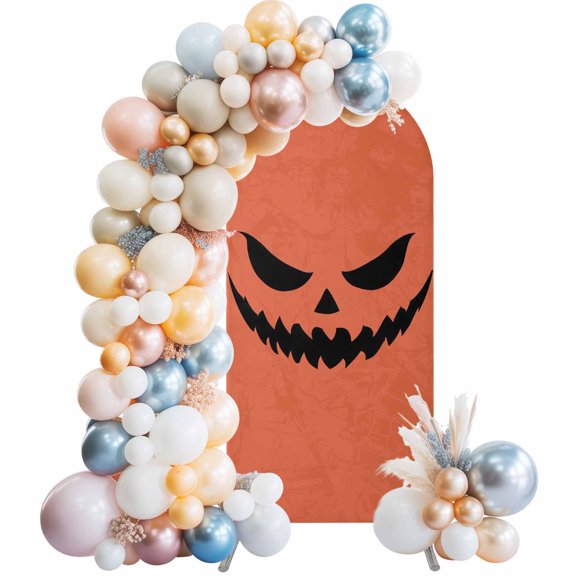Halloween Black Ghost Pumpkin Arch Backdrop Cover Spandex Fitted Arch Cover 6FT,Arches Backdrop Stand Covers for Wedding Birthday Party Ceremony Banquet Decoration Horror Element on Orange