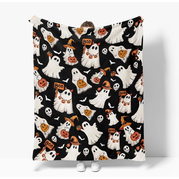 Halloween Black Ghost Pumpkin Skulls Flannel Throw Blanket, Fall Decor for Sofa & Bed, 40" x 50"