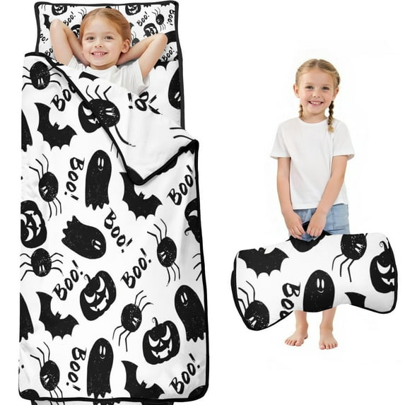 Halloween Black Ghosts Bats and Pumpkins Toddler Nap Mats for Kids Preschool,60"x20" Sleeping Mat Bag or Kids,Toddler Sleeping Bag,Toddler Nap Mat or Daycare