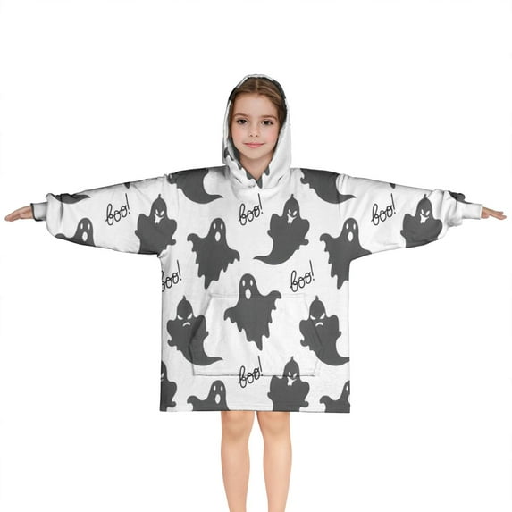 Halloween Black Ghosts with Boo Blanket Hoodies for Kids 6-13YR Oversize Wearable Blanket Hoodies for Boys Girls Teens