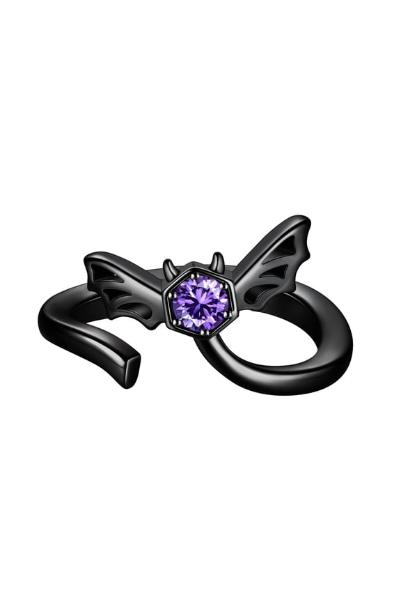 Halloween Black Gun Plated Flying Bat Ring, Purple Zirconia Open Finger Ring Band Gothic Statement Jewelry Women Men Cosplay Party Gift Juwaliy