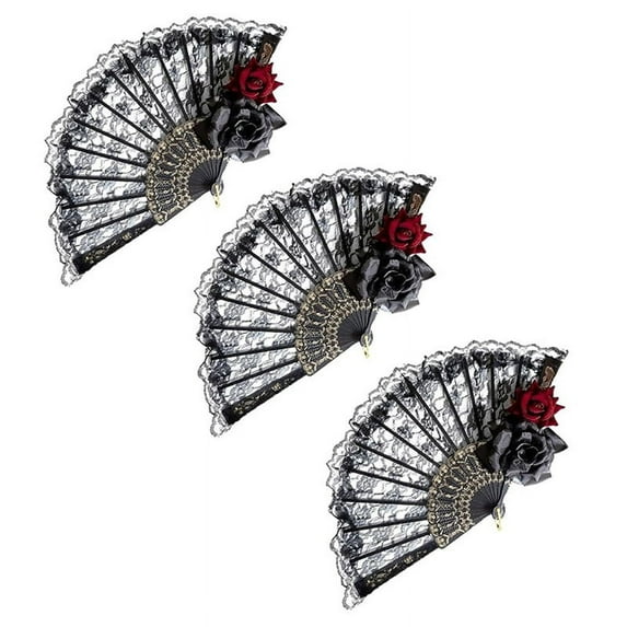 Halloween Black Hand Fan Lace Rose Handheld, Vintage Retro Flower Folding for Women Props Decorations