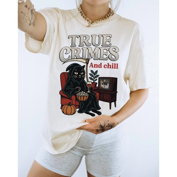 Halloween Black Horror Cat T-Shirt, Vintage Spooky True Crime Tee for Women, Cozy Fall Movie Night Shirt, Creepy Cute Autumn Outfit