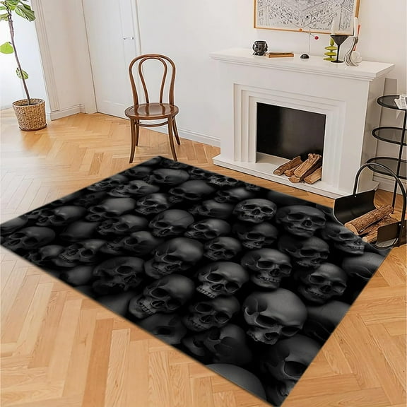Halloween Black Horror Skull Head Area Rug Funky Indoor Non Slip Rugs Easy Clean Carpet Washable Room Sofa Living Bedroom Home Decor Floor Mats 2x3 Small Non-slip Soft Living Room