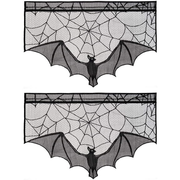 Halloween Black Lace Spiderweb- 2 Pcs Bat Curtain Window Valance Cobweb Tablecloth Shower Curtains Fireplace Mantles Scarf Cover for Home Door Kitchen Bathroom Festive Party Decorations