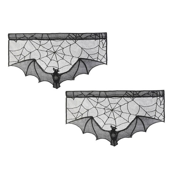 Halloween Black Lace Spiderweb Bat Curtain Window Valance Cobweb Tablecloth Shower Curtain for Fireplace Mantle Scarf Cover Home Decor Kitchen Bathroom Door Party Decorations 36.6 x 22.4 Inches