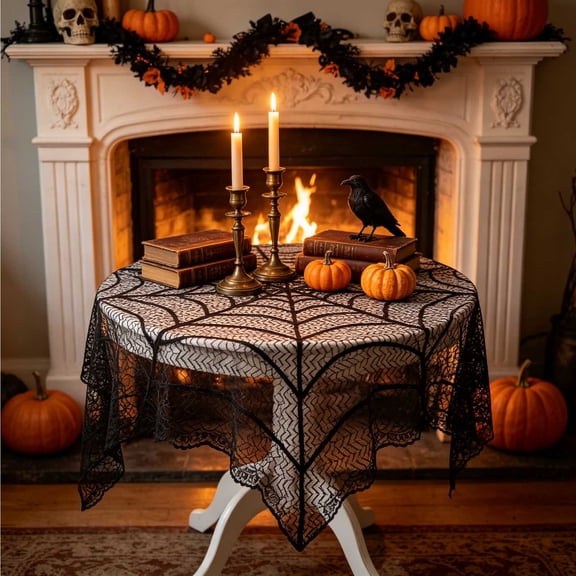 Halloween Black Lace Spiderweb Tablecloth,Black Round Polyester Table Cover,Spooky Sheer Cobweb Table Topper for Halloween Party,Home & Gothic Decor,29.53in