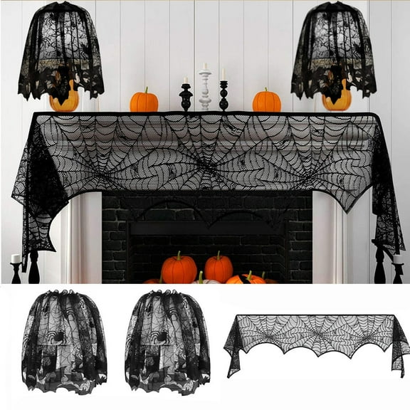 Halloween Black Lace Spiderweb Tablecloth,Halloween Spiderweb Tablecloth Black Lace Bats Party Table Decor Curtain