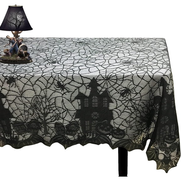 Halloween Black Lace Tablecloth, Gothic Spider Web Table Cover 53 x 68 Inch, Reusable Polyester Lace Halloween Decorations for Dining Table, Party, Haunted House Decor