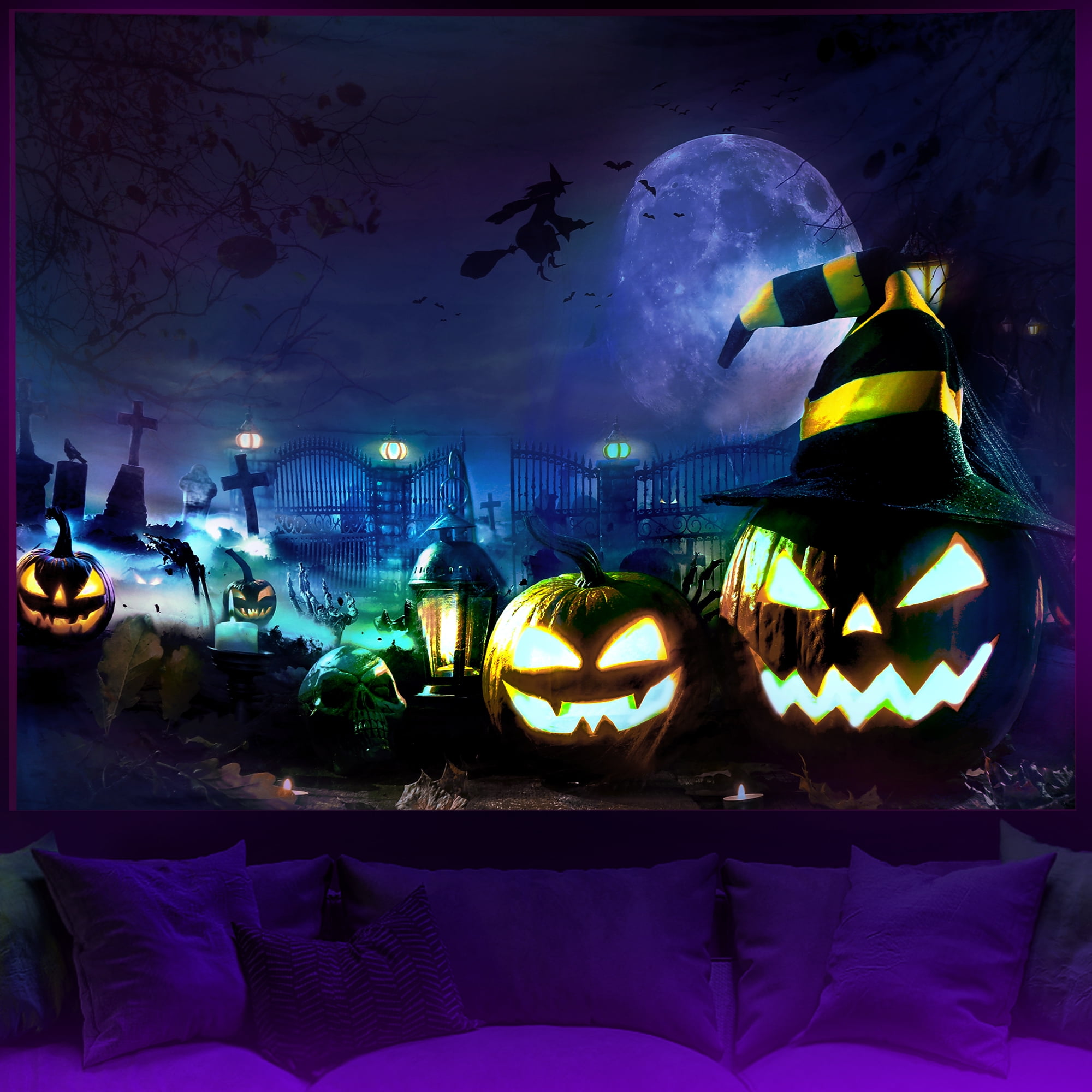 Halloween Black Light Tapestry, Psychedelic Black Light Tapestry Witch